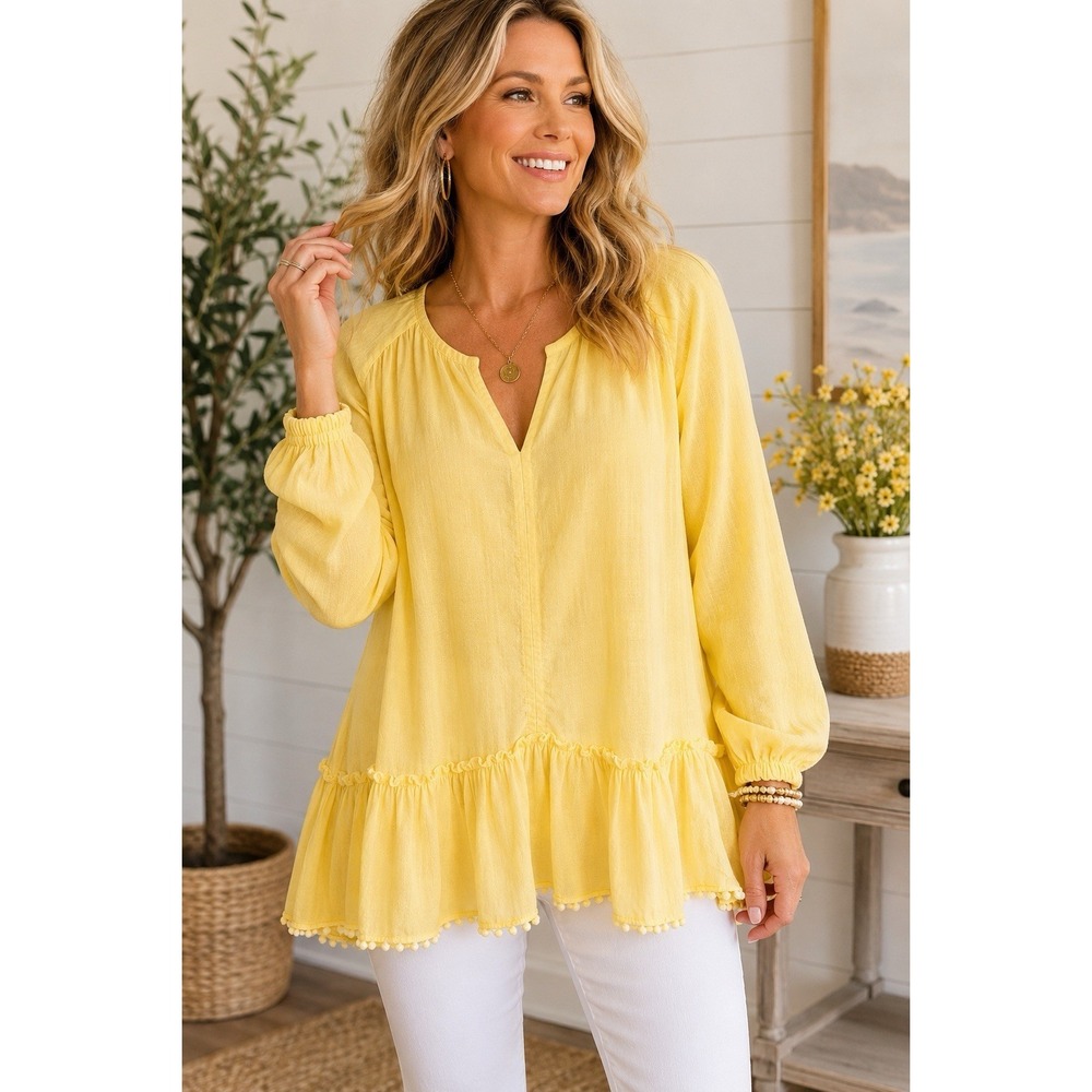 Kensie Yellow Peplum Blouse Women's M Long Sleeve Split Neck Boho Gauze NWT